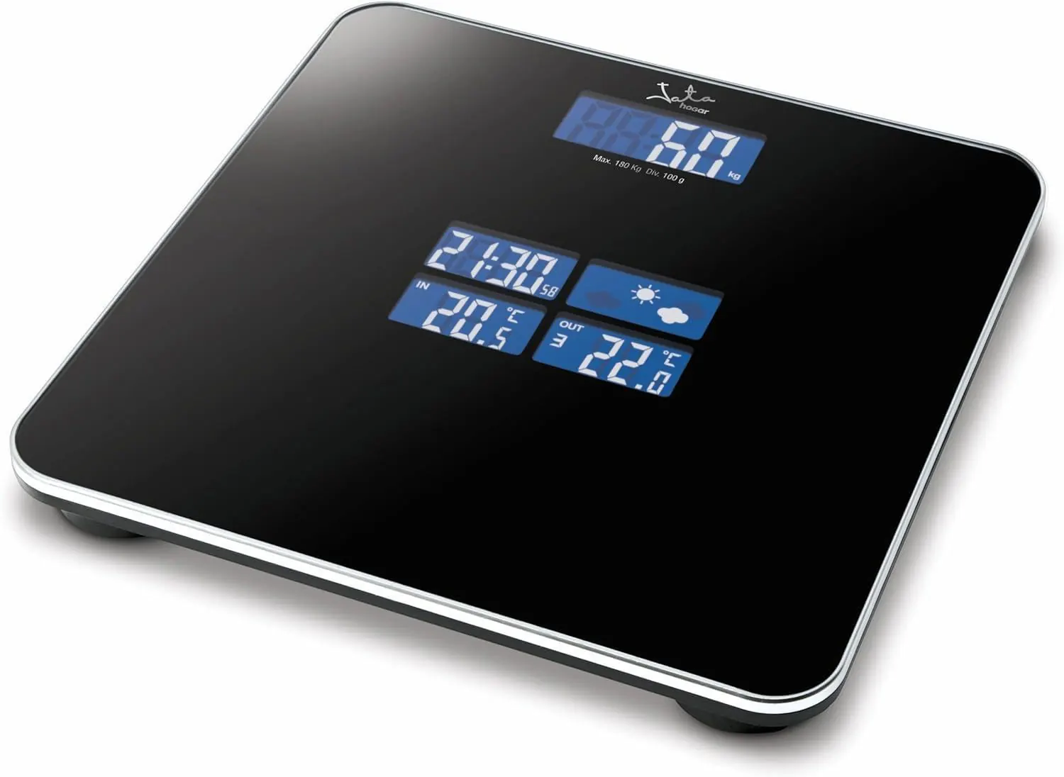 BASCULA DE BAÑO JATA METEO 530 DIGITAL MAX 180KG CRISTAL CON MARCO GRIS INFORMA SOBRE TIEMPO-TEMPERATURA-PESO-ALARMA — Baño