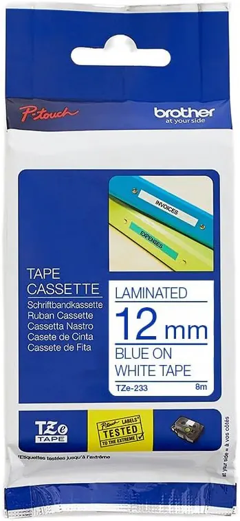 BROTHER TZE233 CINTA LAM AZUL S/ BLANCO 12MM — Consumibles-papelería