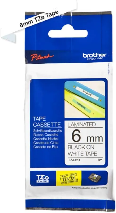 BROTHER CINTA ROTULADORA TZE211, NEGRO SOBRE BLANCO, ROLLO (0,58 cm x 7,99 m) 1 BOBINA, PARA P-Touch — Consumibles-papelería